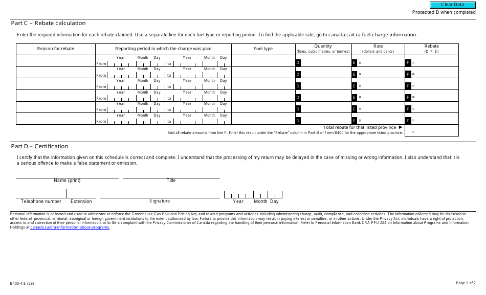 Form B400-4 Fuel Charge Return Schedule - Registered User of Fuel - Canada, Page 2