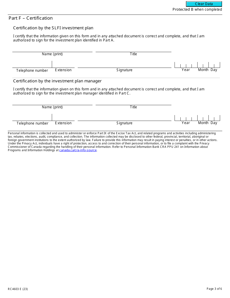 Form RC4603 Gst / Hst Tax Adjustment Transfer Election or Notice of Revocation for a Selected Listed Financial Institution - Canada, Page 3