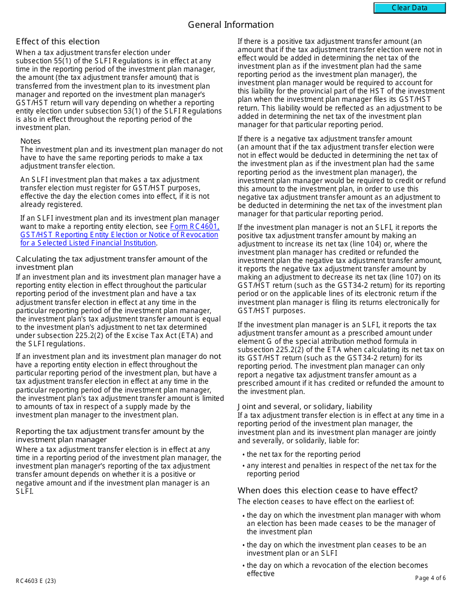 Form RC4603 Gst / Hst Tax Adjustment Transfer Election or Notice of Revocation for a Selected Listed Financial Institution - Canada, Page 4