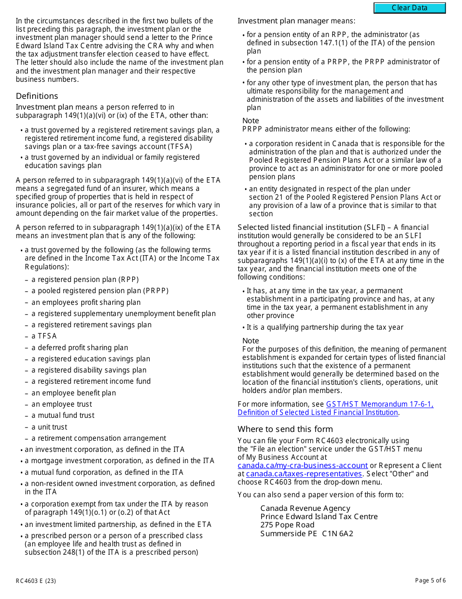 Form RC4603 Gst / Hst Tax Adjustment Transfer Election or Notice of Revocation for a Selected Listed Financial Institution - Canada, Page 5