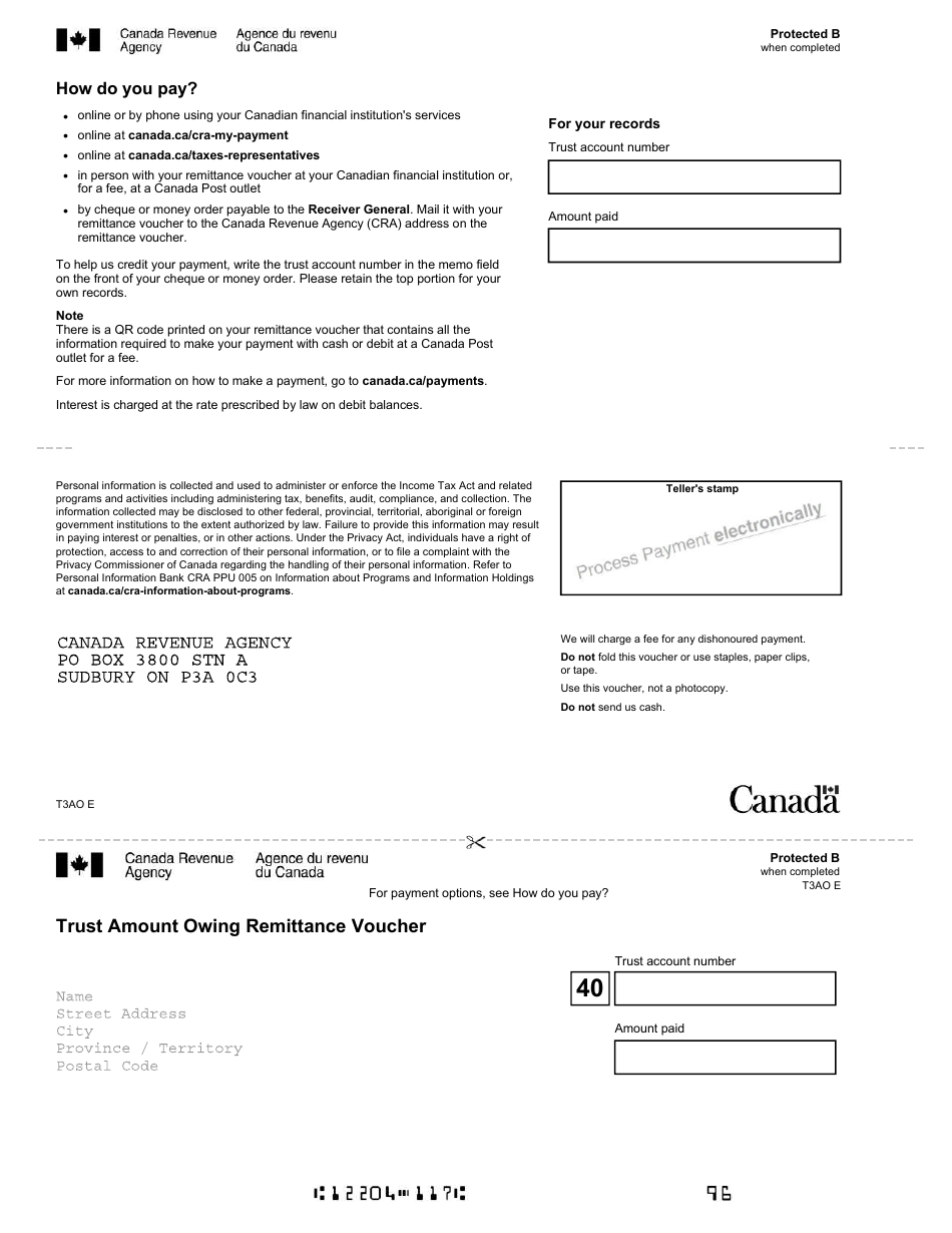 Form T3AO Trust Amount Owing Remittance Voucher - Canada, Page 1