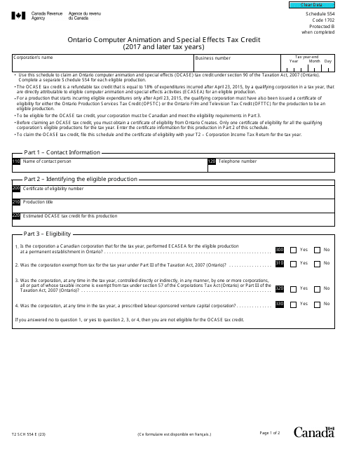 Form T2 Schedule 554 Ontario Computer Animation and Special Effects Tax Credit (2017 and Later Tax Years) - Canada