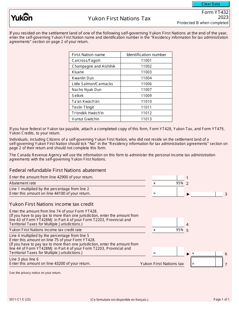 Form 5011-C1 (YT432) Yukon First Nations Tax - Canada, Page 1