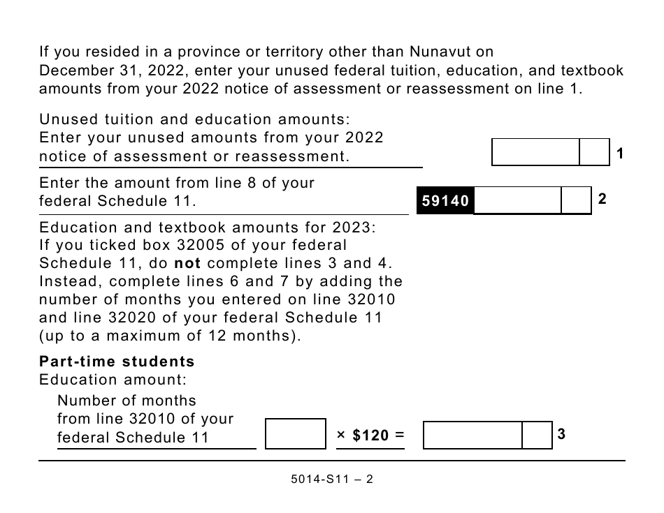 Form 5014-S11 Schedule NU(S11) Nunavut Tuition, Education, and Textbook Amounts - Large Print - Canada, Page 2
