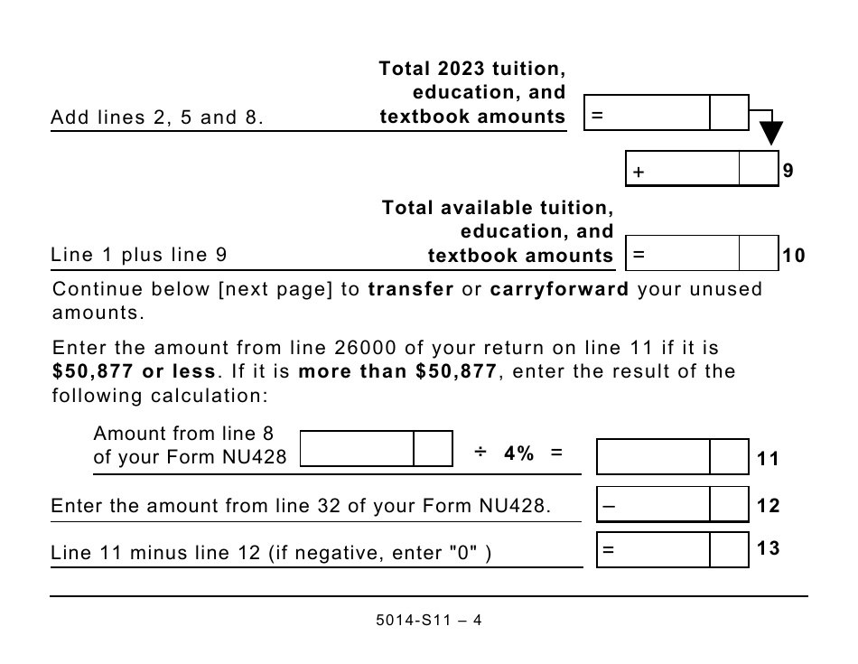 Form 5014-S11 Schedule NU(S11) Nunavut Tuition, Education, and Textbook Amounts - Large Print - Canada, Page 4