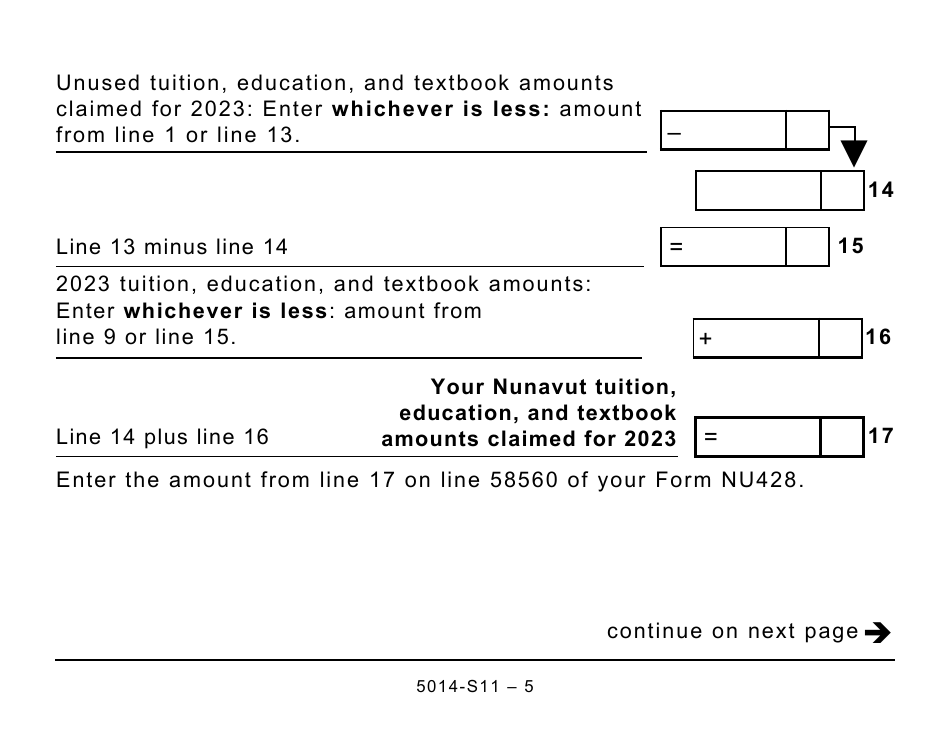 Form 5014-S11 Schedule NU(S11) Nunavut Tuition, Education, and Textbook Amounts - Large Print - Canada, Page 5