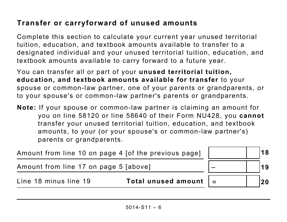 Form 5014-S11 Schedule NU(S11) Nunavut Tuition, Education, and Textbook Amounts - Large Print - Canada, Page 6