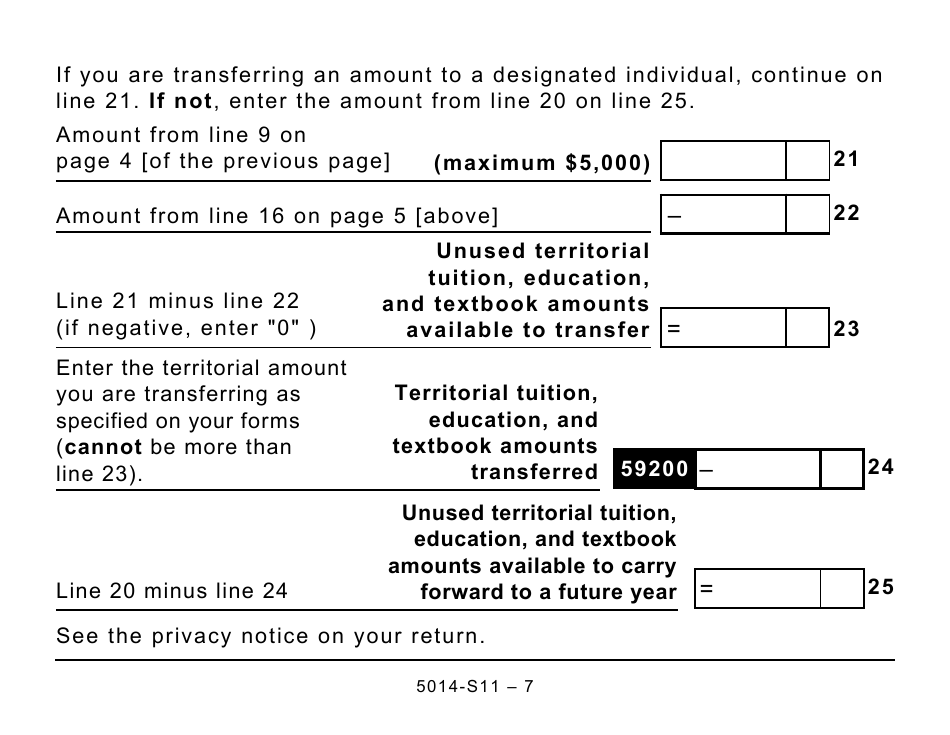 Form 5014-S11 Schedule NU(S11) Nunavut Tuition, Education, and Textbook Amounts - Large Print - Canada, Page 7