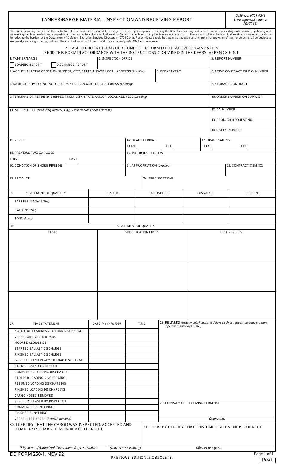 DD Form 250-1 Tanker / Barge Material Inspection and Receiving Report, Page 1