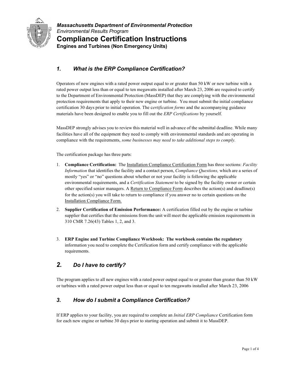 Instructions for Installation Compliance Certification for New Engines and Turbines (Non-emergency) - Massachusetts, Page 1