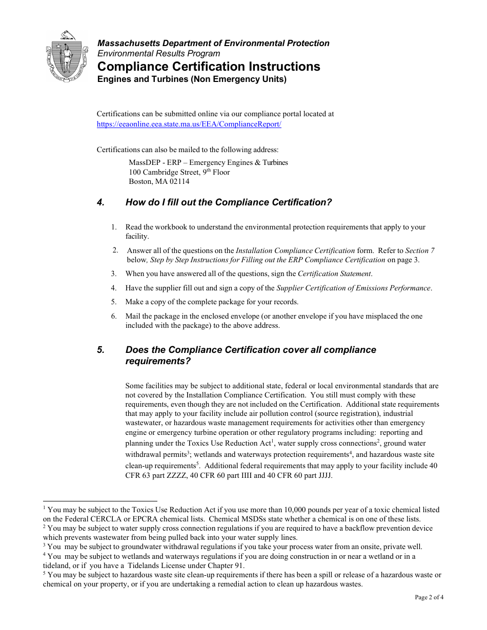 Instructions for Installation Compliance Certification for New Engines and Turbines (Non-emergency) - Massachusetts, Page 2