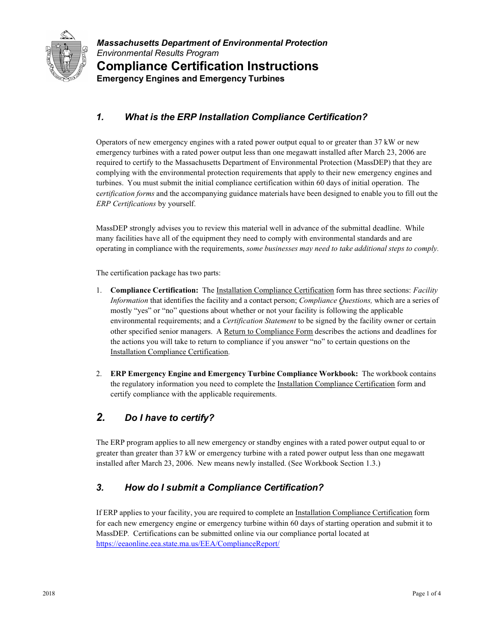 Instructions for Installation Compliance Certification for New Emergency Engines and Emergency Turbines - Massachusetts, Page 1