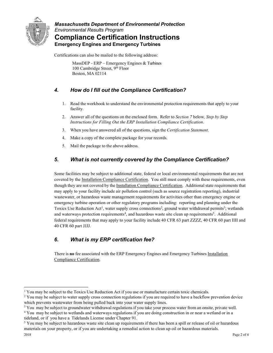 Instructions for Installation Compliance Certification for New Emergency Engines and Emergency Turbines - Massachusetts, Page 2