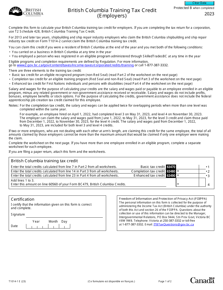 Form T1014-1 British Columbia Training Tax Credit (Employers) - Canada, Page 1
