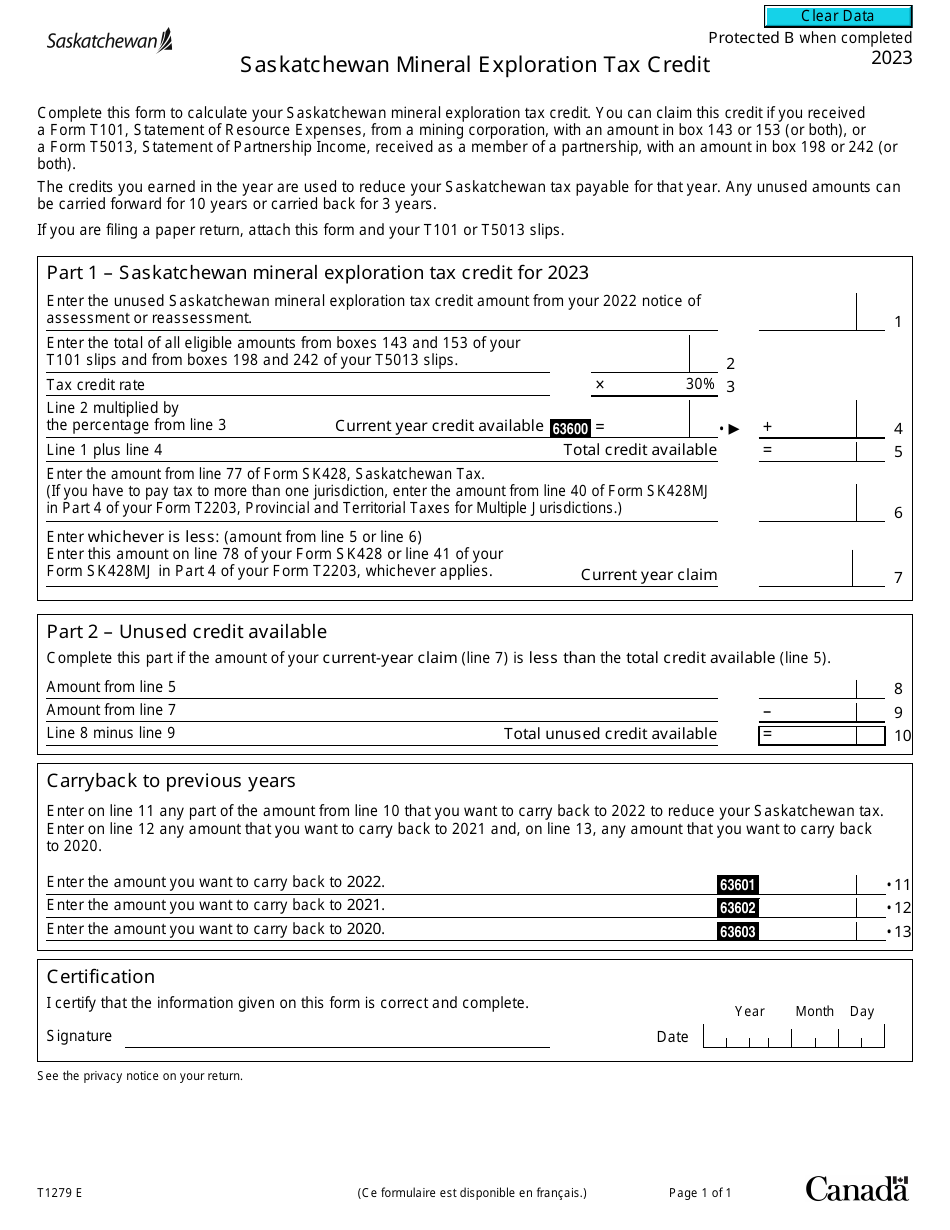 Form T1279 Saskatchewan Mineral Exploration Tax Credit - Canada, Page 1