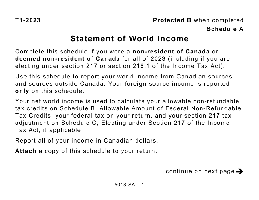 Form 5013-SA Schedule A Statement of World Income - Large Print - Canada, 2023