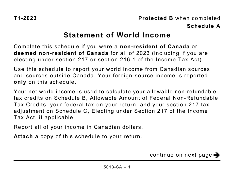 Form 5013-SA Schedule A Statement of World Income - Large Print - Canada, Page 1