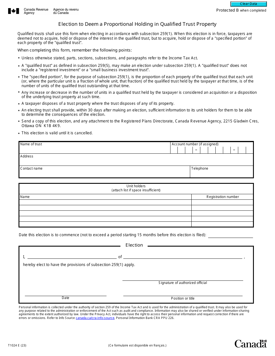 Form T1024 Election to Deem a Proportional Holding in Qualified Trust Property - Canada, Page 1