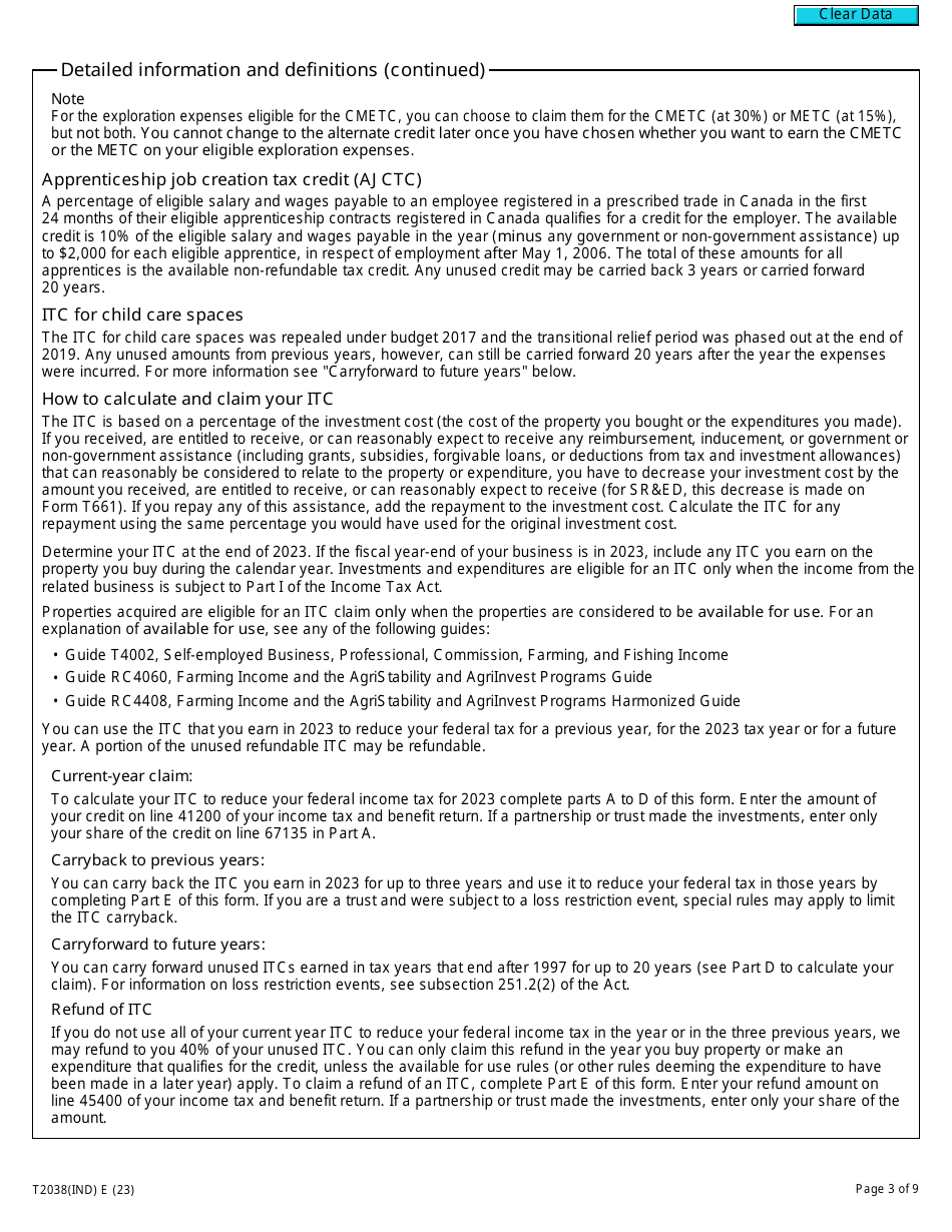 Form T2038(IND) Investment Tax Credit (Individuals) - Canada, Page 3