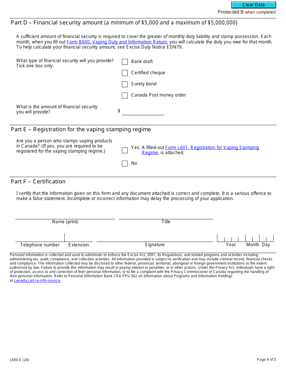 Form L600 Vaping Product Licence Application - Canada, Page 4