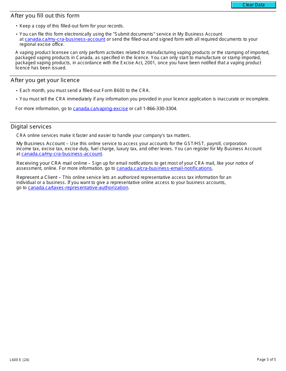 Form L600 Vaping Product Licence Application - Canada, Page 5