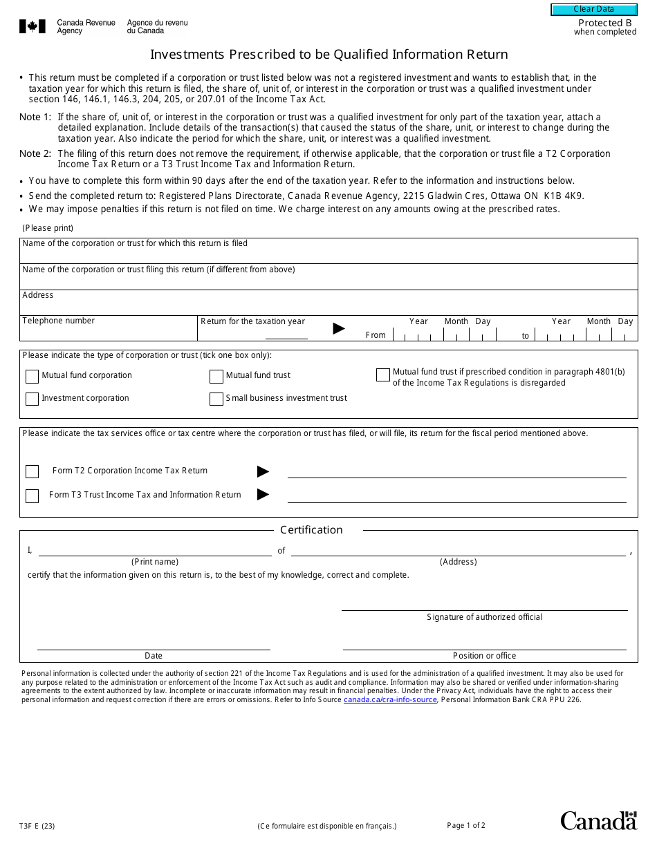 Form T3F Investments Prescribed to Be Qualified Information Return - Canada, Page 1