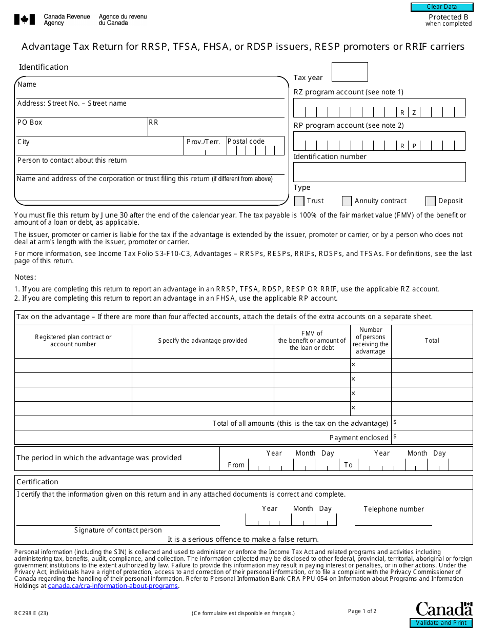 Form RC298 Advantage Tax Return for Rrsp, Tfsa, Fhsa, or Rdsp Issuers, Resp Promoters or Rrif Carriers - Canada, Page 1