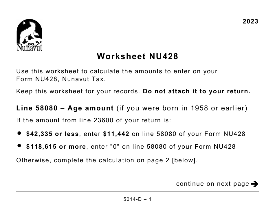 Form 5014-D Worksheet NU428 Nunavut - Large Print - Canada, Page 1