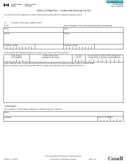 Form UHT0001 Notice of Objection - Underused Housing Tax Act - Canada