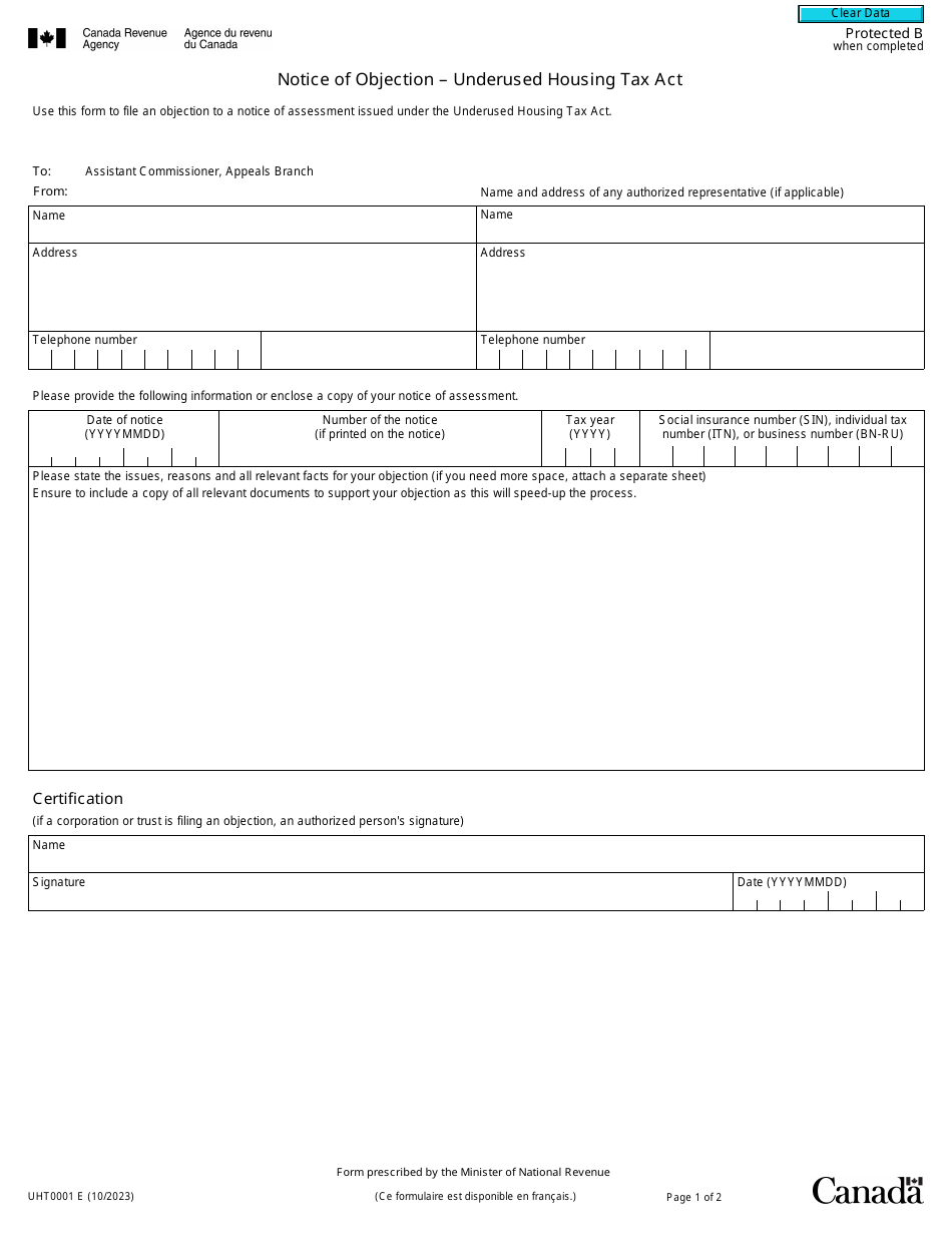 Form UHT0001 Notice of Objection - Underused Housing Tax Act - Canada, Page 1