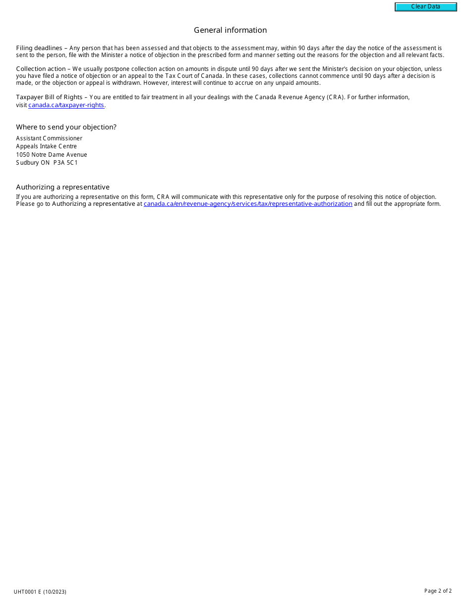 Form UHT0001 Notice of Objection - Underused Housing Tax Act - Canada, Page 2