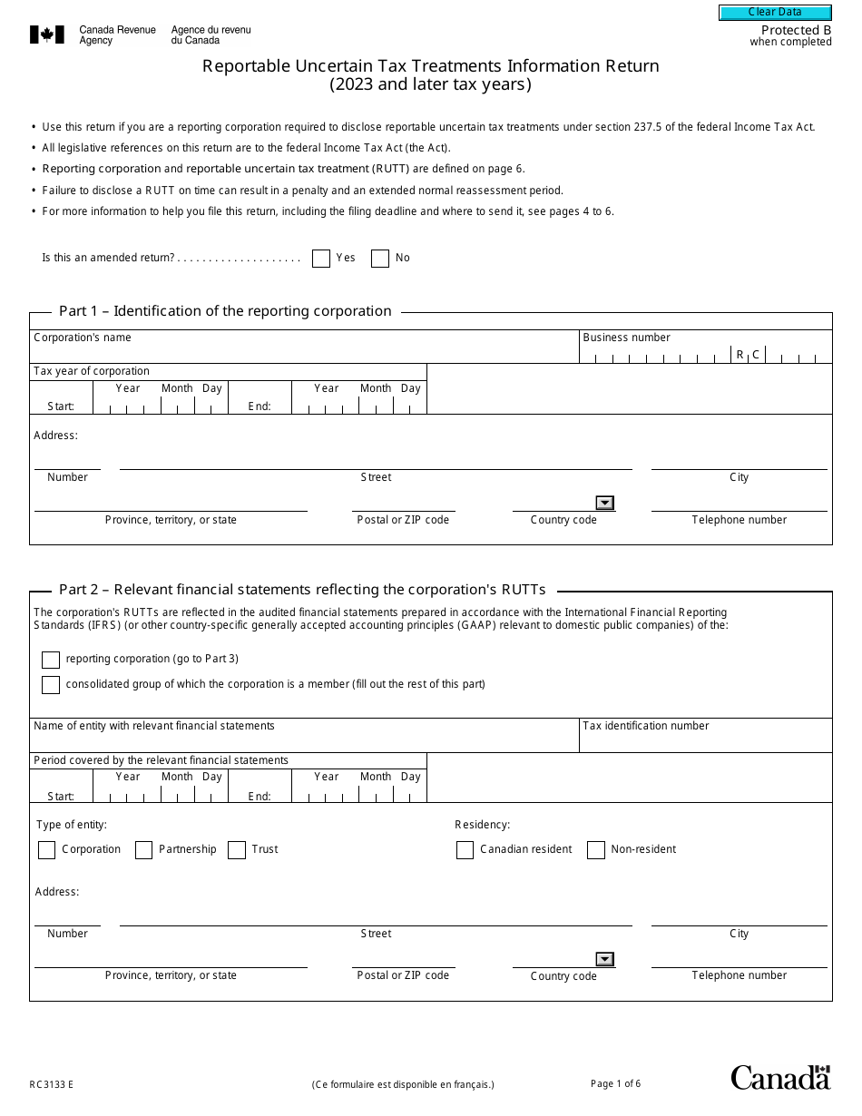 Form RC3133 Reportable Uncertain Tax Treatments Information Return (2023 and Later Tax Years) - Canada, Page 1