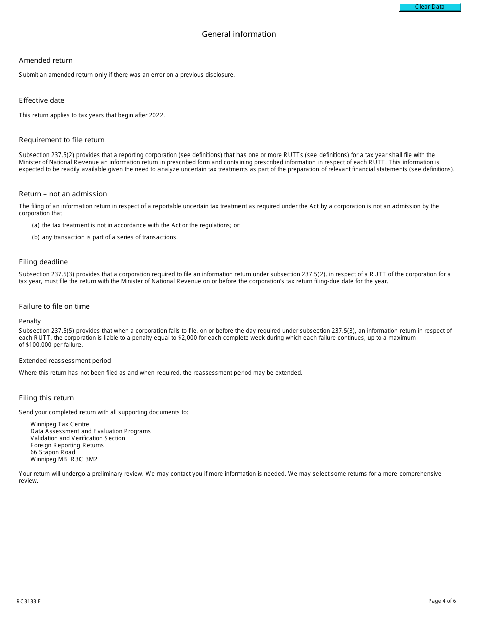 Form RC3133 Reportable Uncertain Tax Treatments Information Return (2023 and Later Tax Years) - Canada, Page 4