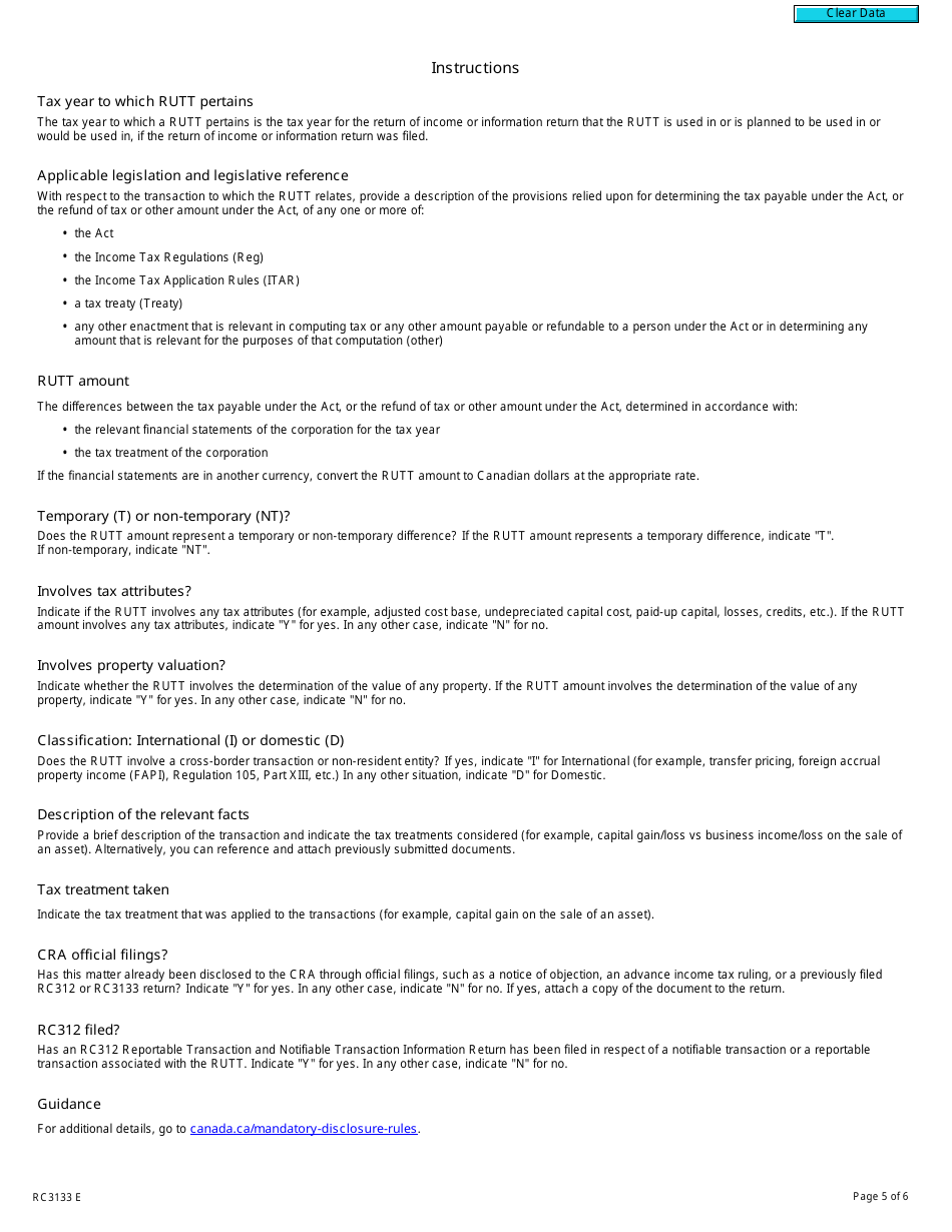 Form RC3133 Reportable Uncertain Tax Treatments Information Return (2023 and Later Tax Years) - Canada, Page 5