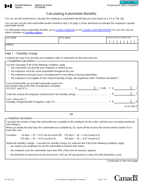 Form RC18 Calculating Automobile Benefits - Canada