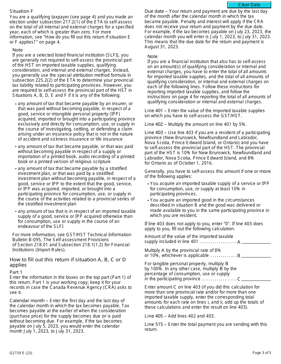 Form GST59 Gst / Hst Return for Imported Taxable Supplies, Qualifying Consideration, and Internal and External Charges - Canada, Page 3