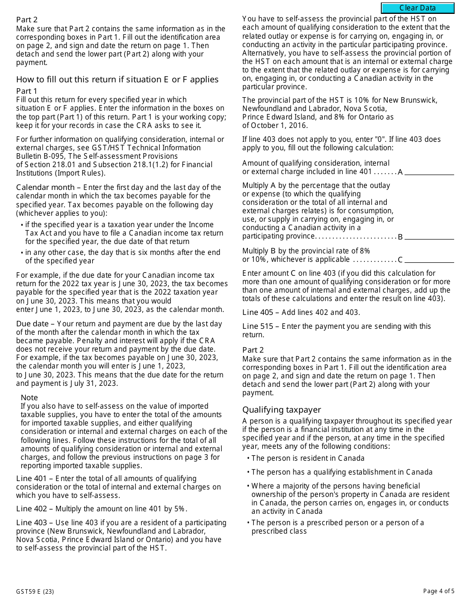 Form GST59 Gst / Hst Return for Imported Taxable Supplies, Qualifying Consideration, and Internal and External Charges - Canada, Page 4