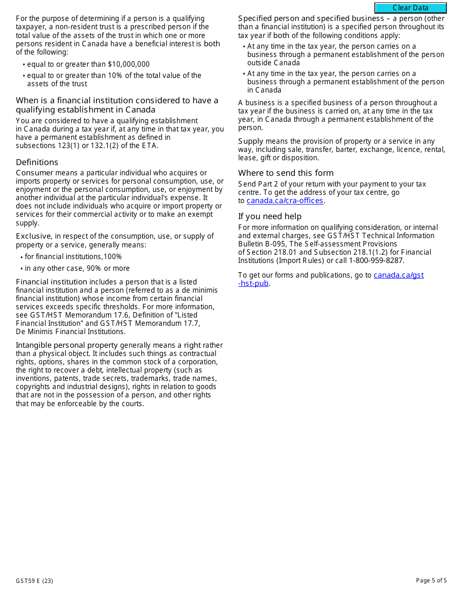 Form GST59 Gst / Hst Return for Imported Taxable Supplies, Qualifying Consideration, and Internal and External Charges - Canada, Page 5