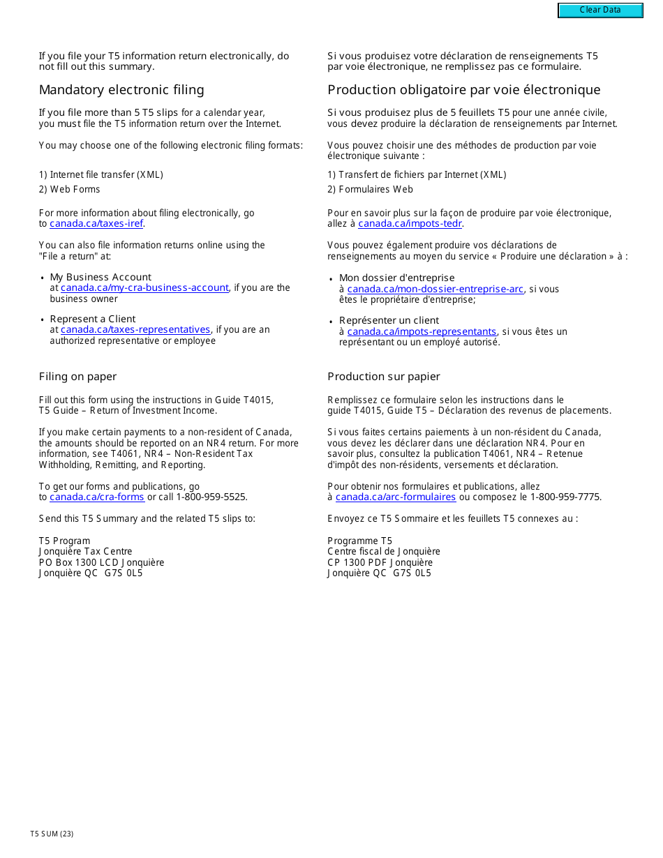 Form T5SUM Return of Investment Income - Canada (English / French), Page 2
