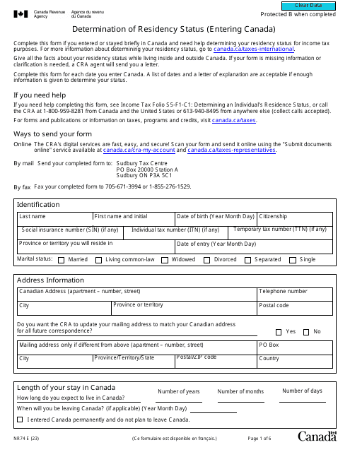 Form NR74 Determination of Residency Status (Entering Canada) - Canada