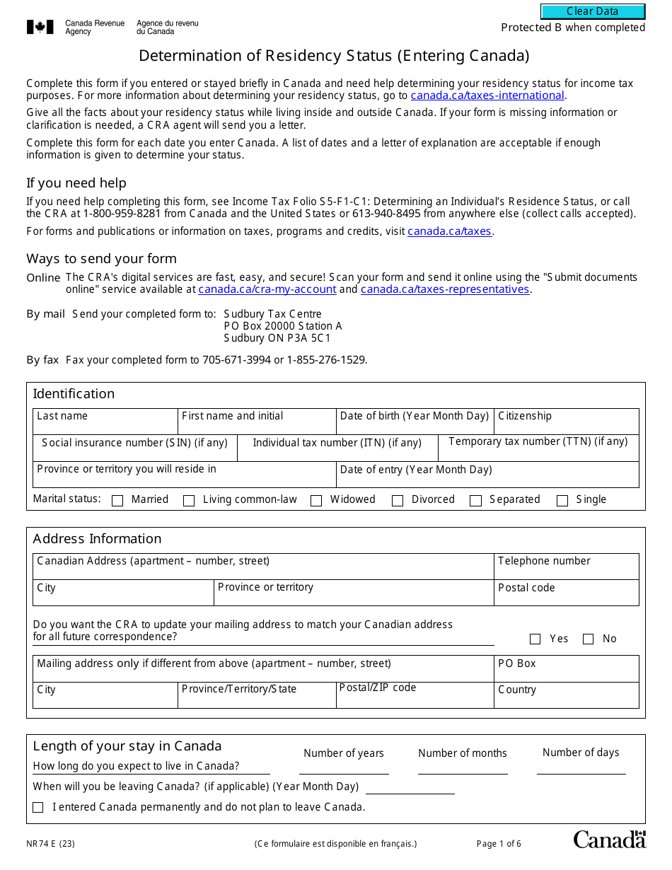 Form NR74 Determination of Residency Status (Entering Canada) - Canada, Page 1