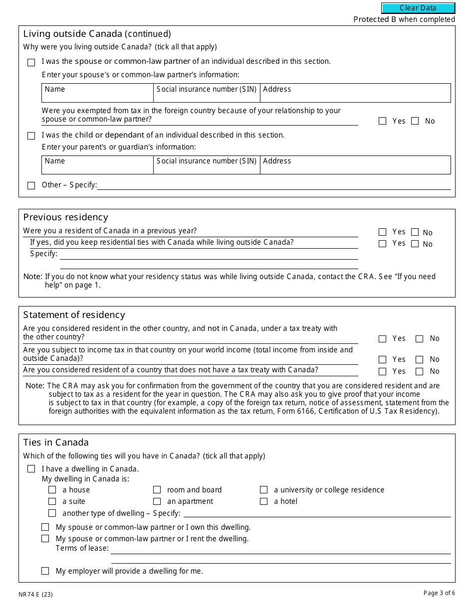 Form NR74 Determination of Residency Status (Entering Canada) - Canada, Page 3