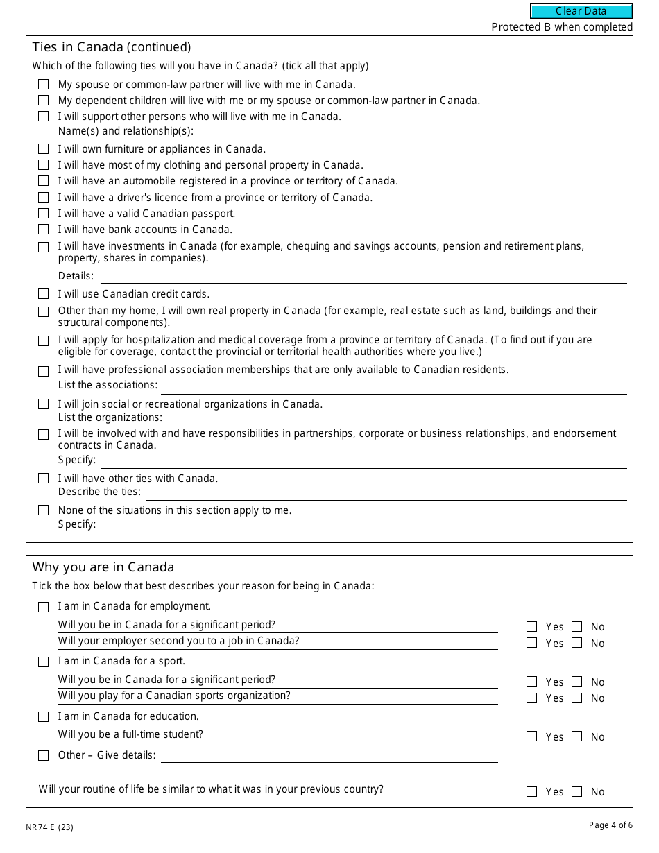 Form NR74 Determination of Residency Status (Entering Canada) - Canada, Page 4