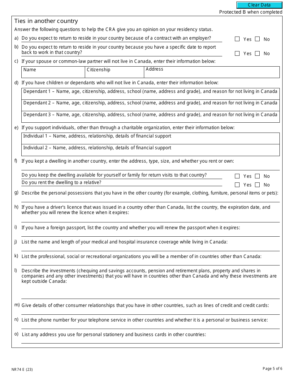 Form NR74 Determination of Residency Status (Entering Canada) - Canada, Page 5