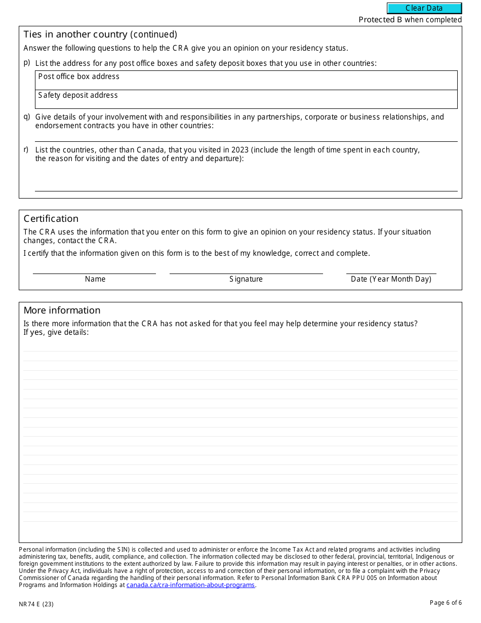 Form NR74 Determination of Residency Status (Entering Canada) - Canada, Page 6