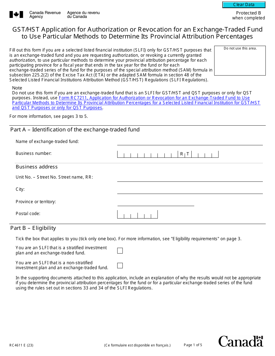 Form RC4611 Gst / Hst Application for Authorization or Revocation for an Exchange-Traded Fund to Use Particular Methods to Determine Its Provincial Attribution Percentages - Canada, Page 1