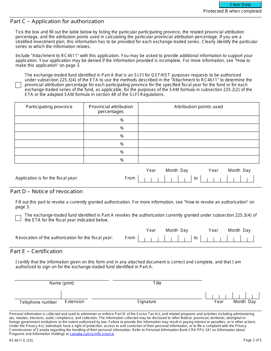 Form RC4611 Gst / Hst Application for Authorization or Revocation for an Exchange-Traded Fund to Use Particular Methods to Determine Its Provincial Attribution Percentages - Canada, Page 2