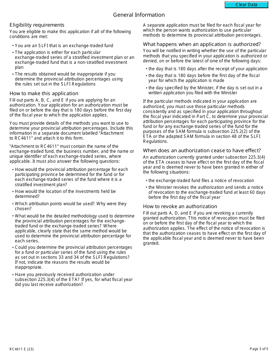 Form RC4611 Gst / Hst Application for Authorization or Revocation for an Exchange-Traded Fund to Use Particular Methods to Determine Its Provincial Attribution Percentages - Canada, Page 3