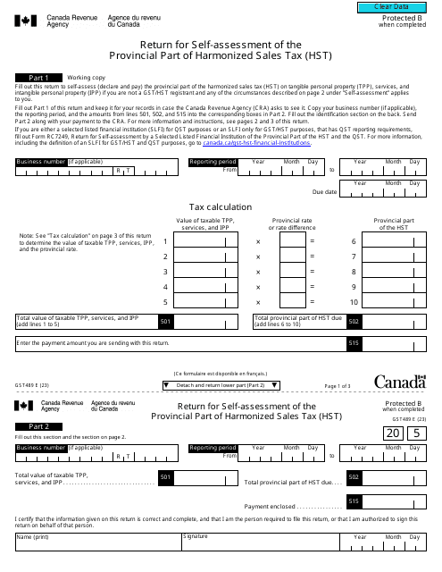 Form GST489 Return for Self-assessment of the Provincial Part of Harmonized Sales Tax (Hst) - Canada