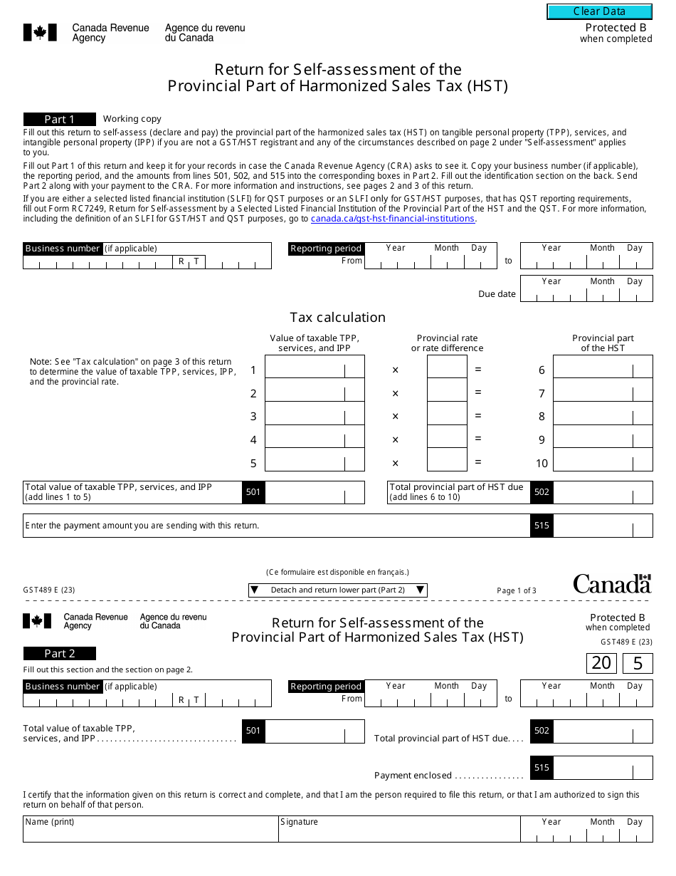 Form GST489 Return for Self-assessment of the Provincial Part of Harmonized Sales Tax (Hst) - Canada, Page 1